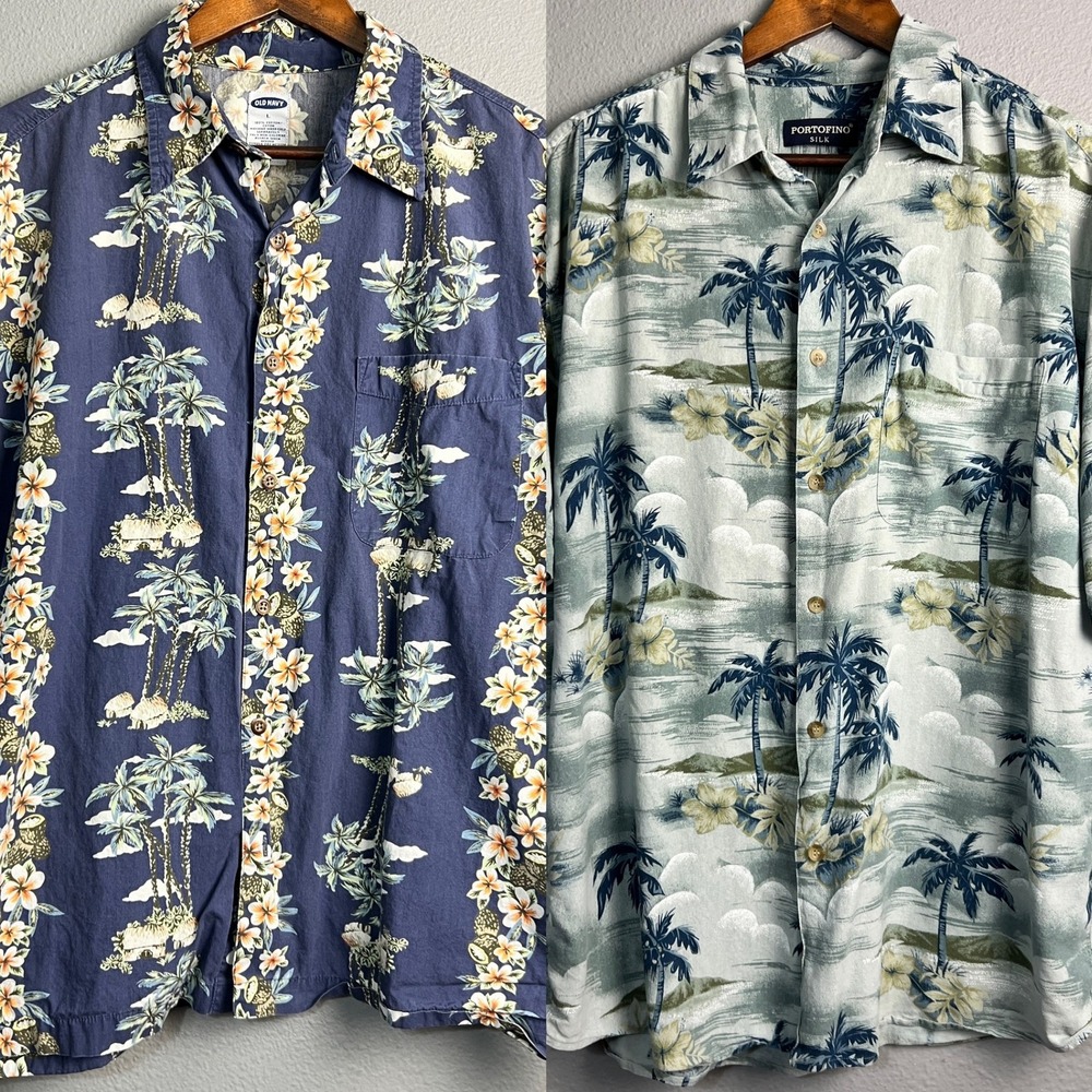 Lot of 2 Old Navy Portofino Hawaiian Shirts Palm Tree Floral Print Button Up Lg